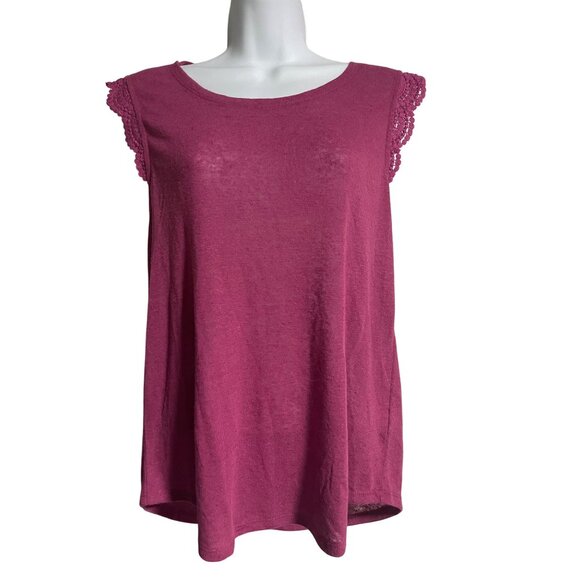 Lucky Brand Pink Sleeveless Top With Crochet Lace Cap Sleeves Size S Linen Blend - Picture 1 of 6